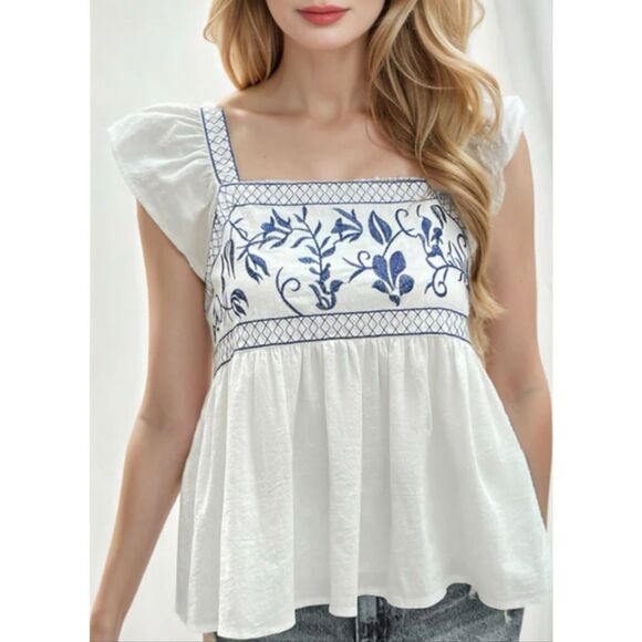 SHEIN Tops - Shein NWT white ruffle sleeve embroidered blouse M